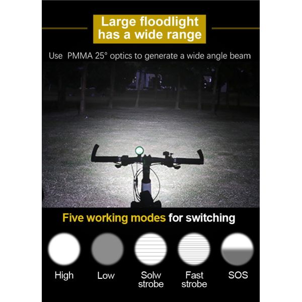 Aluminum Rechargeable Bike LED Flashlight 2000 Lumen IP65 Waterproof