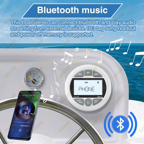 Waterproof IPX5 Bluetooth White Marine Radio Boat Stereo Receiver with FM AM Radio USB AUX-in MP3