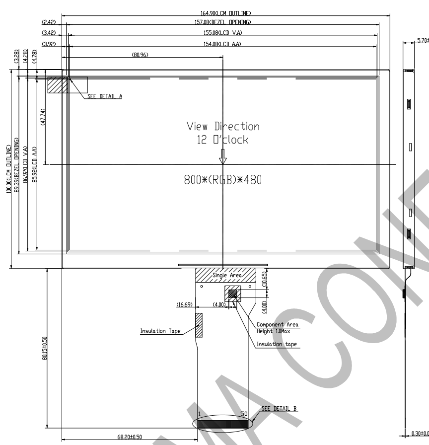 TM070RDHG34 TIANMA 7.0Inch Industrial Tft Lcd Module 800x480 Dots 50 Pins RGB Interface