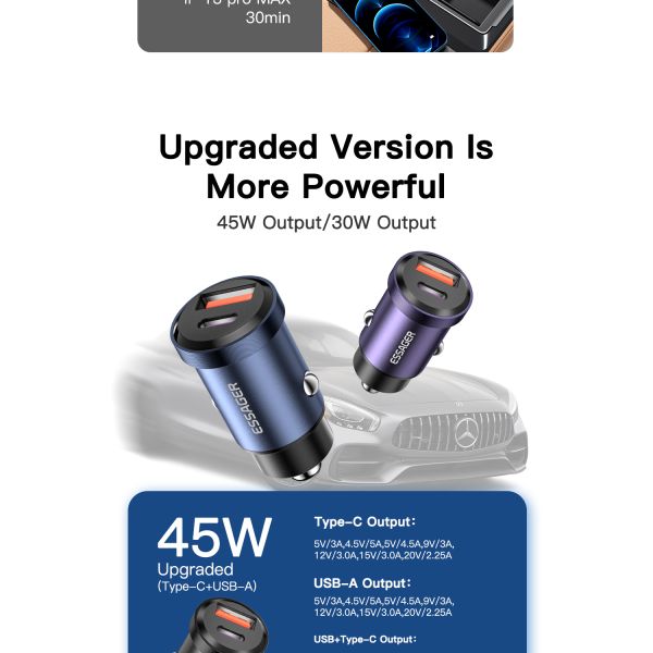 Essager 30W 45W USB Type C Fast Charging Mobile Phone Car Charger