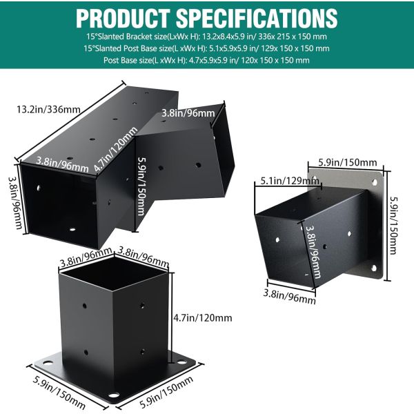 Pergola Brackets Kit 4-Way Brackets with Post Base for 4x4'' Wooden Beams Lumber Gazebos Patio Pergola Sheds