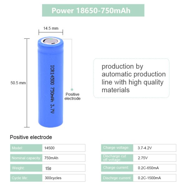Real Capacity Rechargeable Li Ion Lithium Battery ICR14500 3.7V 750mAh For Power Tools