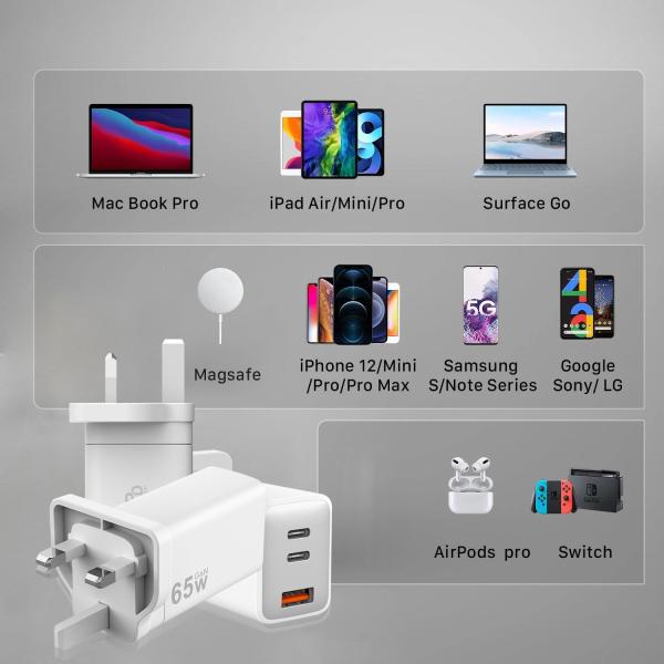 GaN Fast Charging Block 65W 3 Port USB Wall Charger Customized Logo