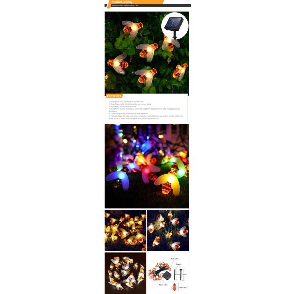 20LED Honey Bee Solar String Lights Outdoor Waterproof Warm White For Garden Decorations