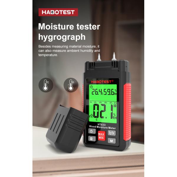 HT633 Wood Moisture Meter Pin Type Digital Moisture Detector Ambient Temperature Humidity with LCD Backlight Display