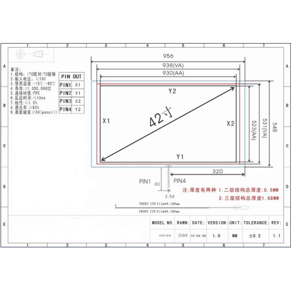 4W 42" Wire Resistive Touch Panel With Black Frame , Transparent Touch Screen Panel