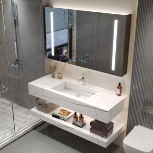 China Oem Bathroom Vanity Units Sintered Stone Countertop Basin Led Mirror Storage Cabinets wholesale