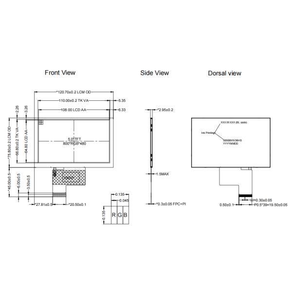 5 Inch 800*480 Automotive TFT LCD Module With RGB Interface 500 Nits