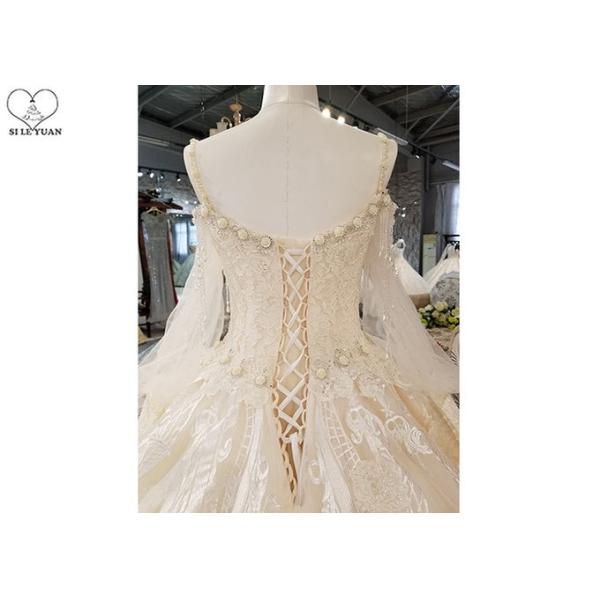 Luxury Champagne Ladies Bridal Gown , Tulle Lantern Long Sleeve Bridal Dresses