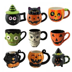 China Custom Ceramic Hand-painted Halloween Coffee Mug Creative 3D Embossed Cat Pumpkin Ghost Skull Witch Monster Mugs on sale