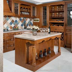 China Antique Cherry ISO9001 Solid Wood Kitchen Cabinets With Wine Shelf on sale