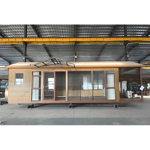 2-4 People Prefab Camp House with Imitation Wood Exterior and Floor To Ceiling Window