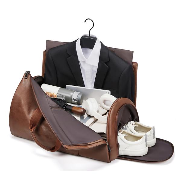 Outdoor PU Leather Travel Duffle Bag Brown With Separate Shoe Compartment