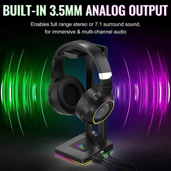Black Personalised Headset Holder RGB 2 USB Ports 27.5cm Height
