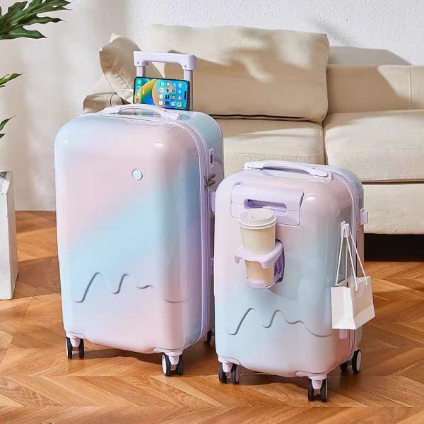 Zipper Closure Luggage Ice-Cream Series with USB Cup Holder Hard Shell Suitcase 210D Polyester Lining Multi-Functional
