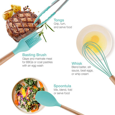 Green Silicone Kitchen Cooking Utensils Set With Wooden Bamboo Handles