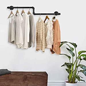 Black Single Rail Garment Rack for Wall Mounting Industrial Pipe Clothing Storage Rod