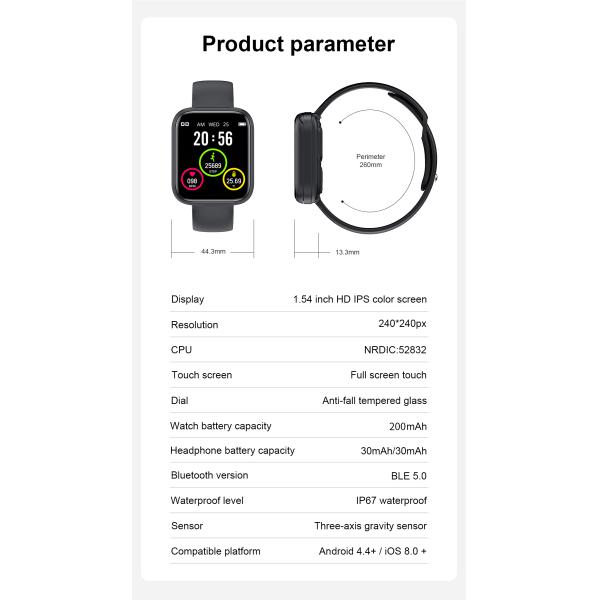 X5 Health Monitoring Smartwatch IP67 1.54inch 2 In 1 Watch And Earbuds Programmable