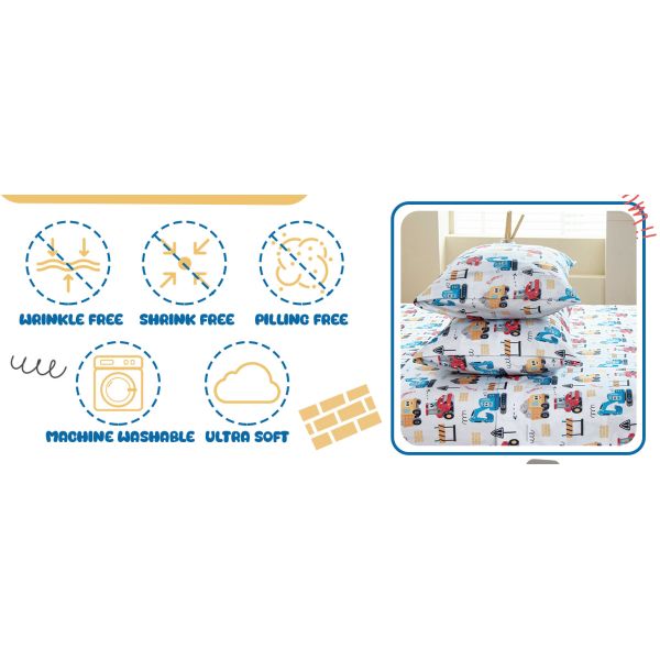 Engineering Car Sheets with Deep Pockets, Wrinkle-Free, Cozy Soft Cartoon Print Bed Sheets Set