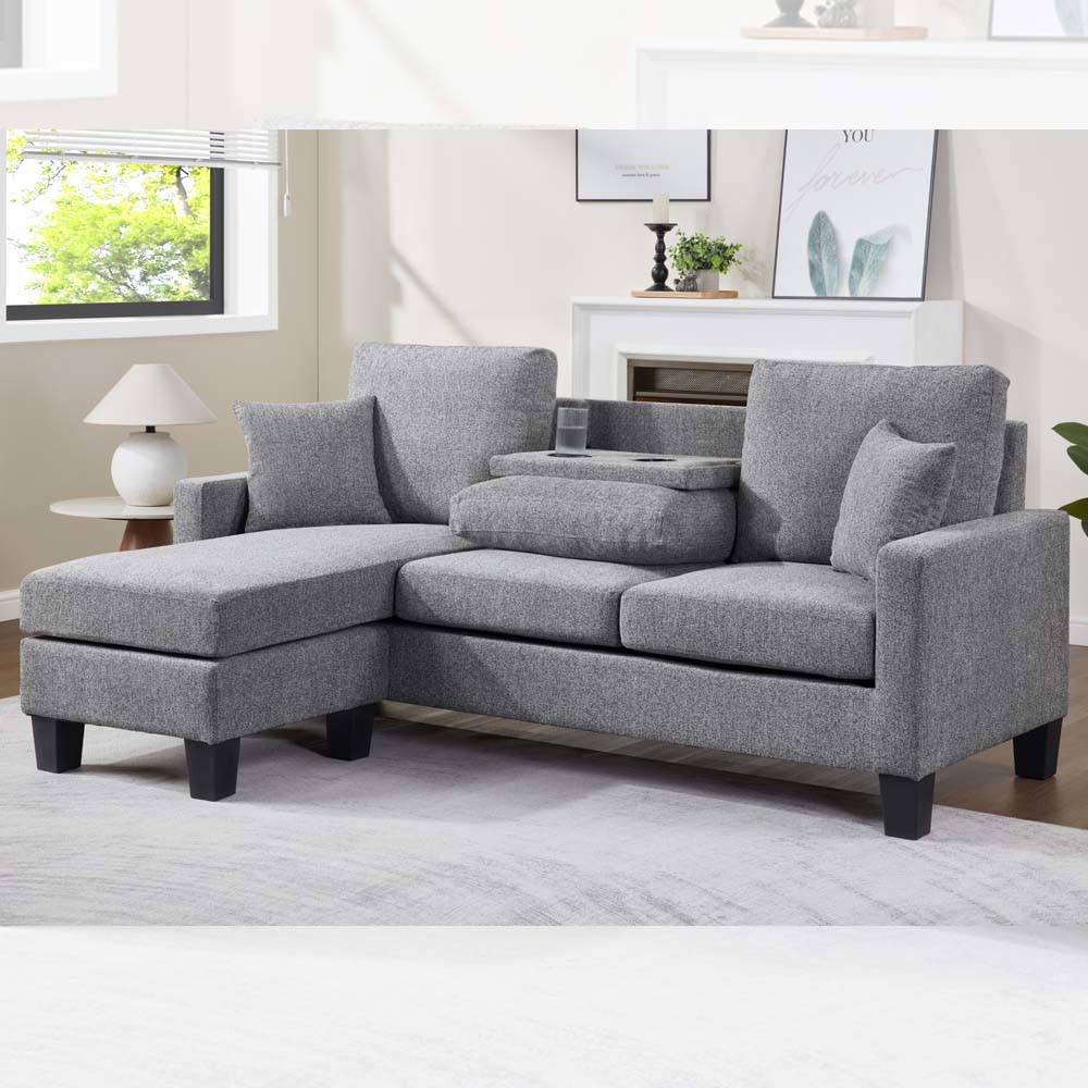 China L Shaped Sectional Sofa with Dropdown Table and Reversible Chaise and 2 Pillows, Gray Chenille wholesale