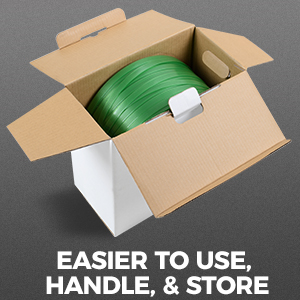 Includes a self-dispensing box that features handles and a hole where the strapping comes out