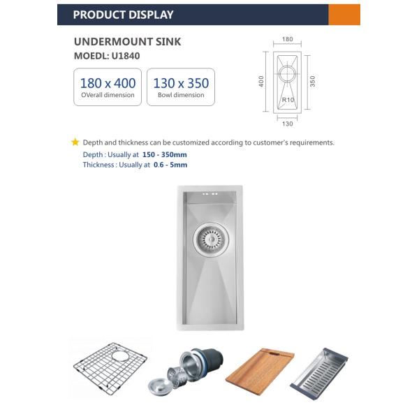 Undermount Stainless Steel Kitchen Sink Cabinet 18 Gauge single Bowl 18x40