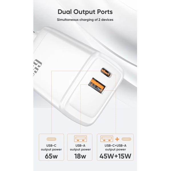 65W GaN Charger PD Fast Charging Power Adapter Usb c Charger CE FCC RoHS Certified Multi Function Universal Usb Chargers