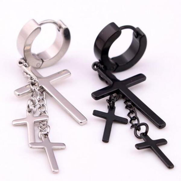 Punk Stainless Steel Stud Earring Men Cross Earring Fashion Tassels Crosses Body Piercing Jewelry Black