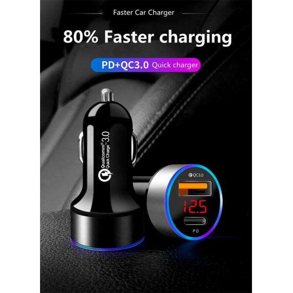 LCD Type C Car Charger PD 6A 36W QC3.0 For IPhone Huawei Xiaomi