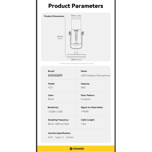 ESSAGER YU7 USB C Wired Live Streaming Podcast Gaming Microphone Type C 3.5mm XLR Port
