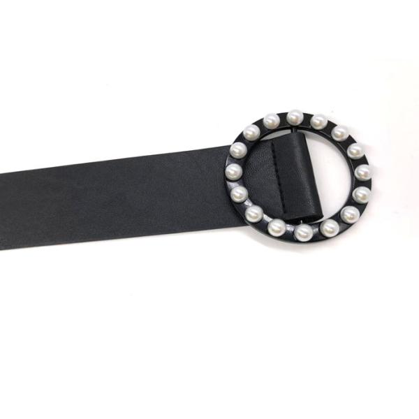 Black Women'S Fashion Leather Belts With Round Pearl Buckle / 4.5cm Width Waist Belt For Ladies