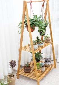 China 4 Tier Three Tier Bamboo Flower Pot Shelf Indoor Outdoor Foldable Hanging Pot Plant Shelves wholesale
