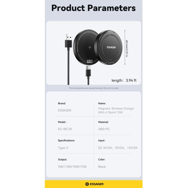 ESSAGER ES-WC18 15W Fast Wireless Charger for Best Phone Stand Charging PD Function and Fast Charging