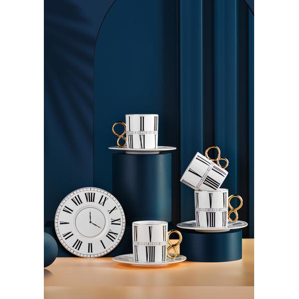 Ceramic Set of 6 pieces Clock Number Design Gold Handle Modern Luxury Porcelain Espresso Coffee Cups Turkish Coffee cups