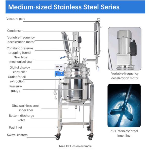 50L Stainless Steel Reactor Laboratory Double-Layer Chemical Reaction Vessel with Digital Display Device and Supporting Frame