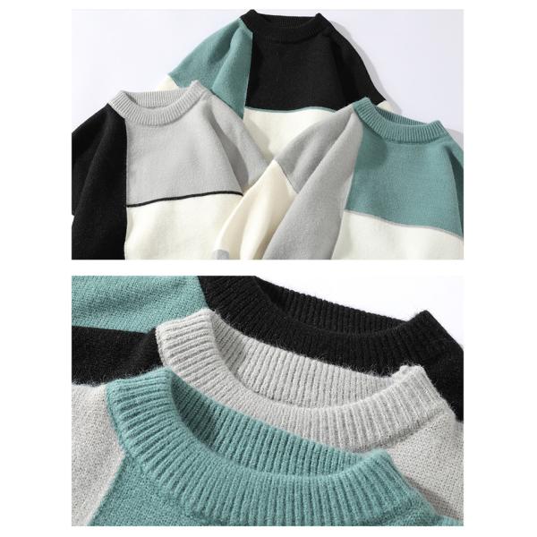 Acrylic Men Crew Neck Sweater White Black Green Color Block Knitted Oversize Sweater