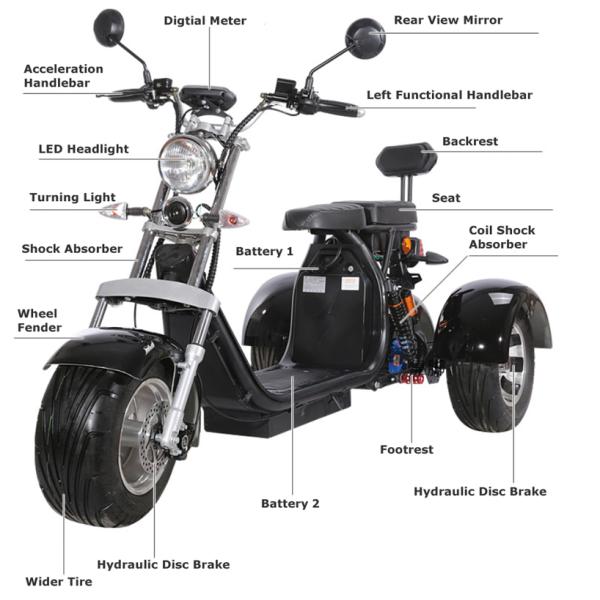 1000W 3 Wheel Harley Electric Scooter Bike Off Road Citycoco Fat Tire Old People Ride Tricycles