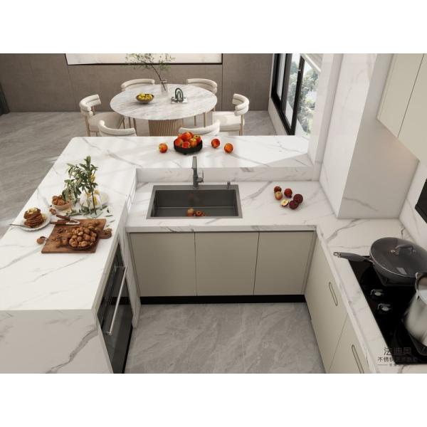 Modern Beige Stainless Steel Kitchen Cabinet With High-Low Design Quartz Countertop