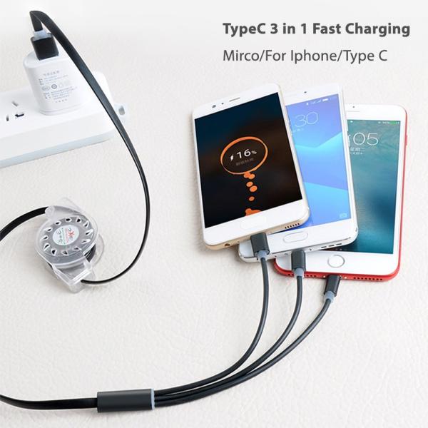 2.4A 3ft 3 In 1 Retractable Usb Cable Multi Plug Tpe 8 Pin For Mobile Phone