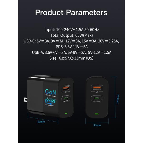 65w Gan Fast Wall Charger USB C PD Charger With International Plugs