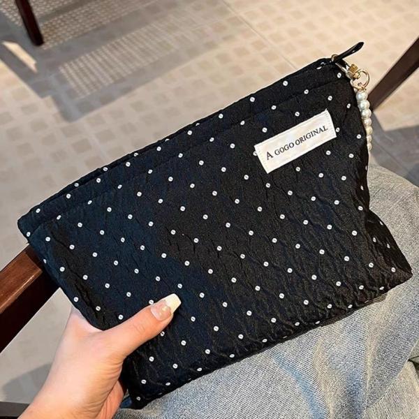 POLKA DOT BLACK MAKEUP BAG SWEET SKINCARE STORAGE BAG CARRYING PORTABLE COIN PURSE TRAVEL WASH
