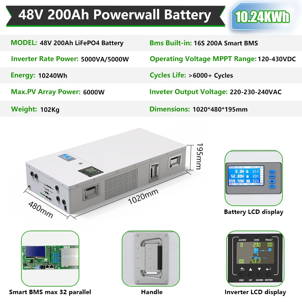 48V 200Ah Powerwall 10Kwh LiFePO4 Battery Built-In 200A BMS CAN RS485 51.2V 6000+ Cycles 10 Years Warranty For Solar Off