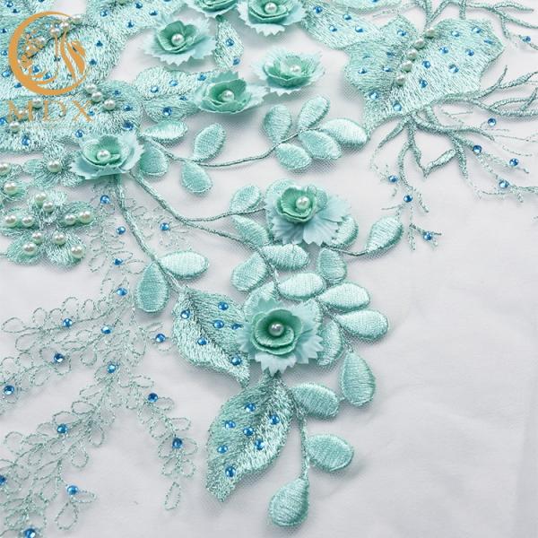 80% Nylon Bridal Lace Fabrics / Mint Green Lace Material With Rhinestone