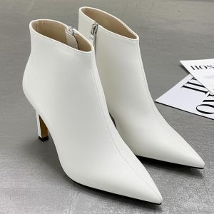 China White Pointed Toe Ankle Boots with 3 Inch Heel on sale