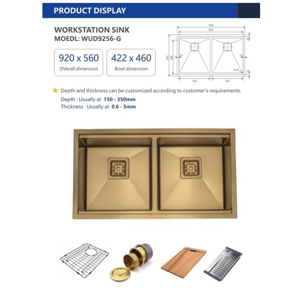 36 Inch Undermount Workstation Sink , Gold Drop In Double Bowl Stainless Steel Sink 92x56
