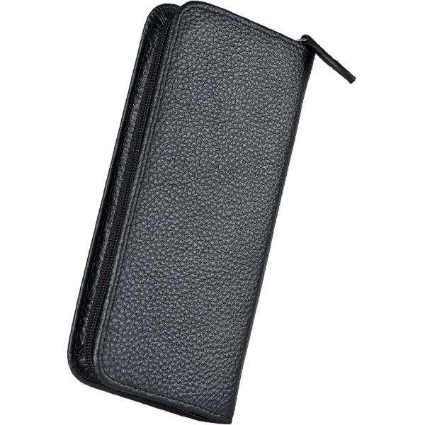 Genuine Leather Fountain Pen Case 3 Divided Slots Black Color, Zippered Pen Case Pouch