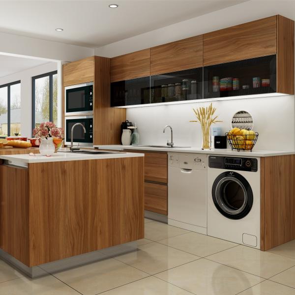 Close-up of walnut cabinet doors and hardware