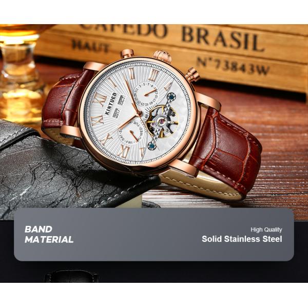 J022-2 Fashion Black Strap Silver Cover Hollow Out Case Back With Complete Calendar Mens Automatic Mechanical Watch