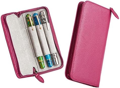 Genuine Leather Fountain Pen Case 3 Divided Slots Black Color, Zippered Pen Case Pouch