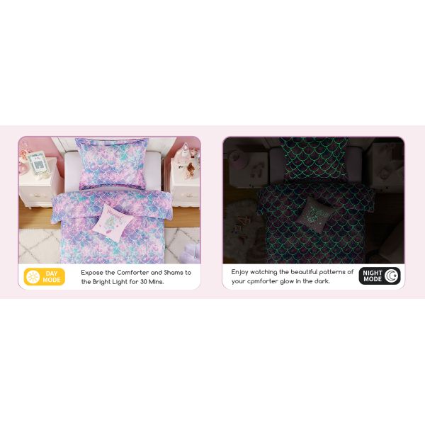Comfortable Fluorescence Childrens Quilt Set 3 Piece Mermaid Double Bedding Set